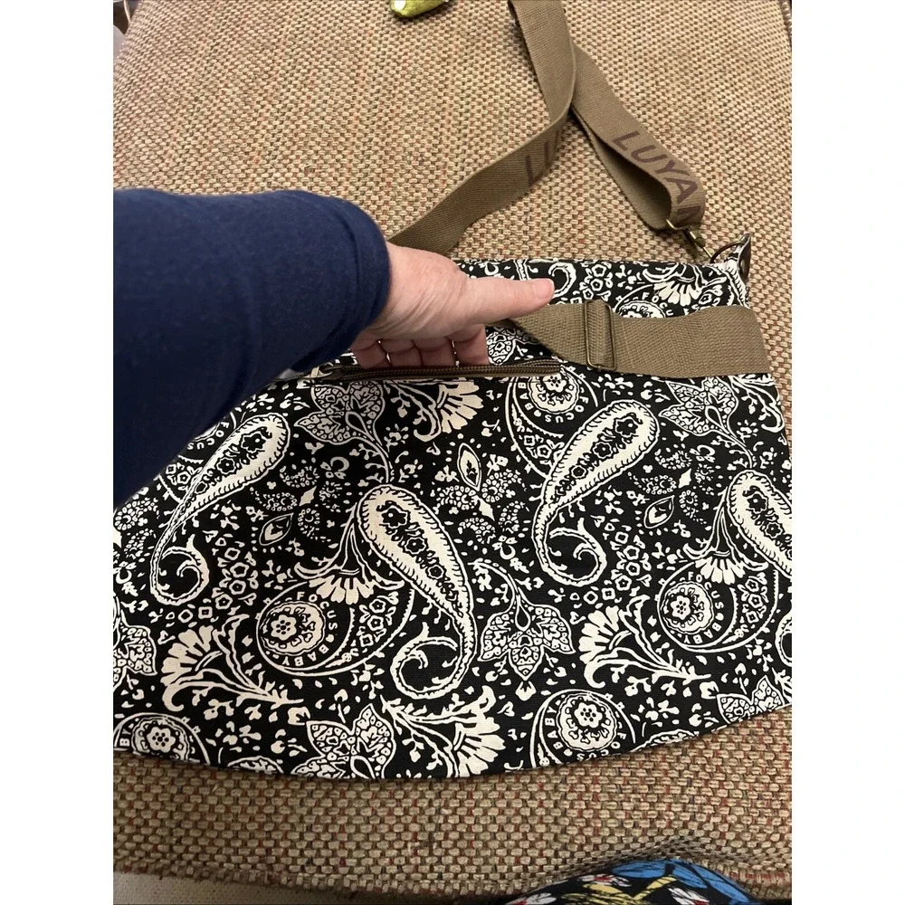 Luyan Shini Tote Bag Black White Paisley Cross Body Adjustable Straps Purse